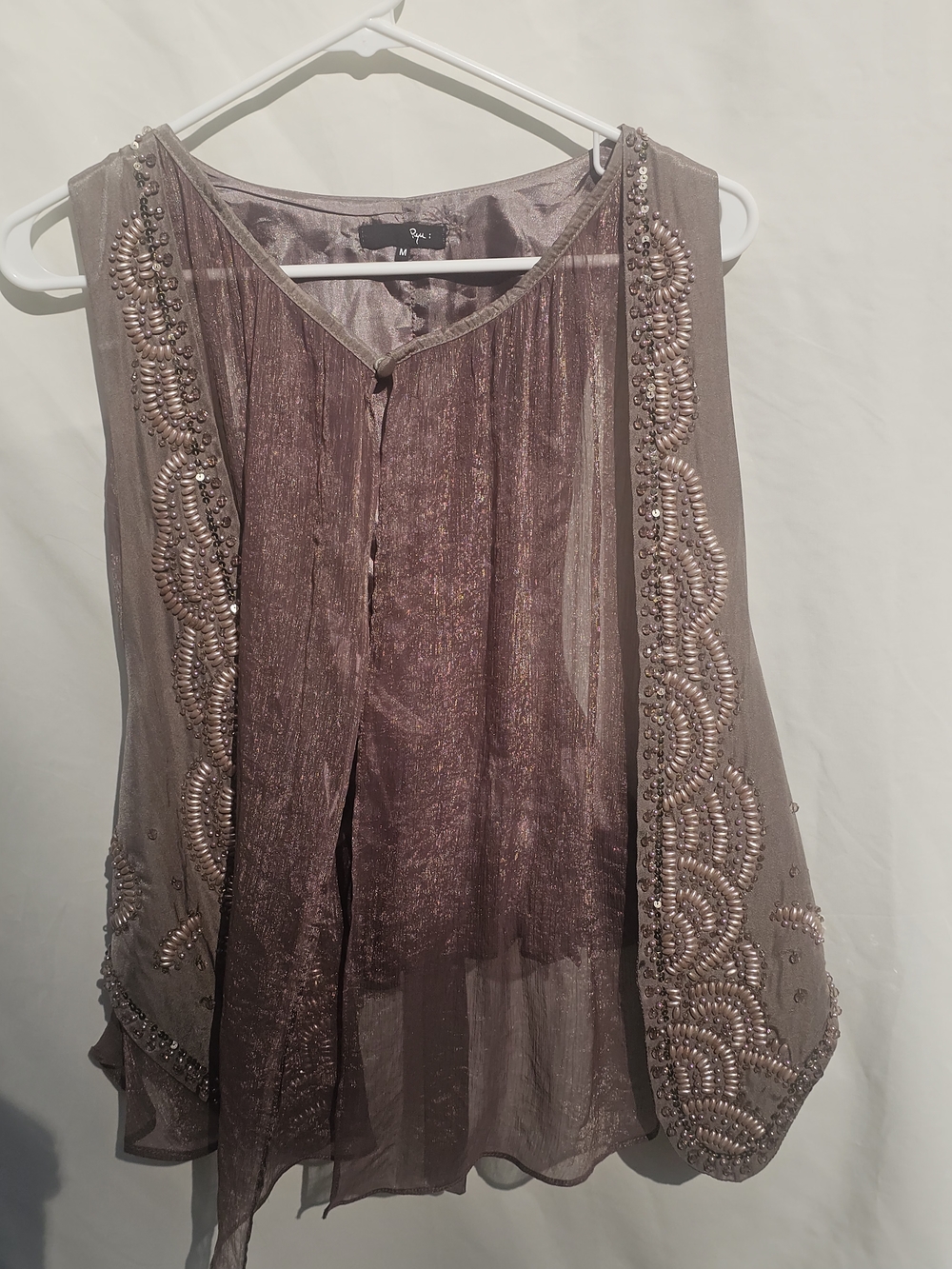 Ryu Taupe Beaded Sheer Sleeveless Top